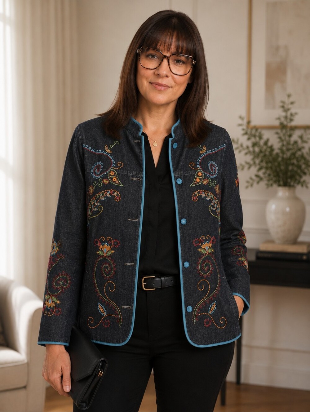 EUC Vintage Denim & Co. Jacket Womens M 100% Cotton Floral Paisley Embroidered